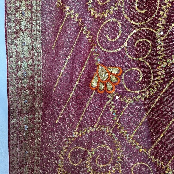 Vintage Saree Sari Red Orange Gold Sequin Traditional Indian Pallu Border Floral - Picture 4 of 5